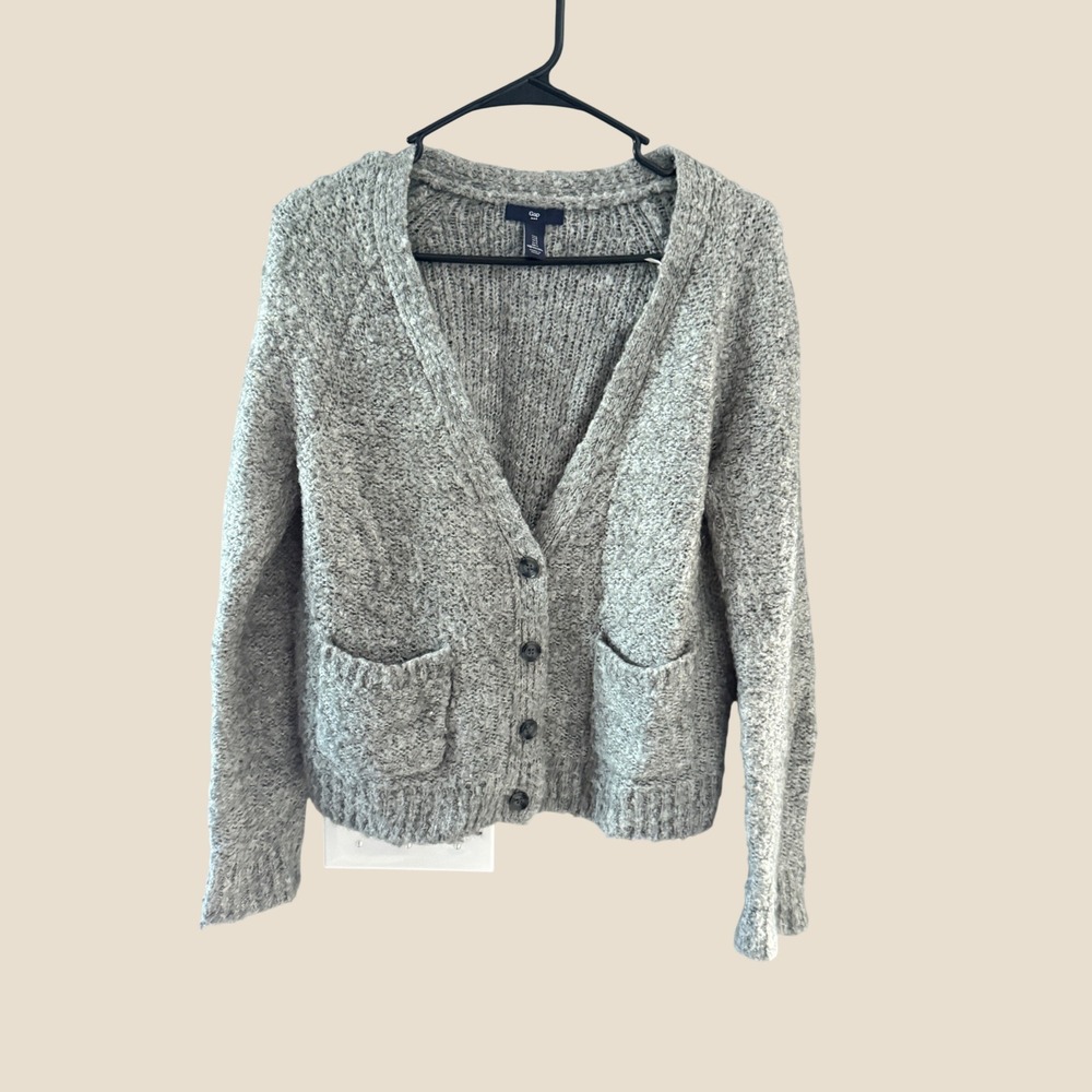 Gap Womens Gray Boucle Knit Wool Blend Button Front Cardigan Sweater Pockets S